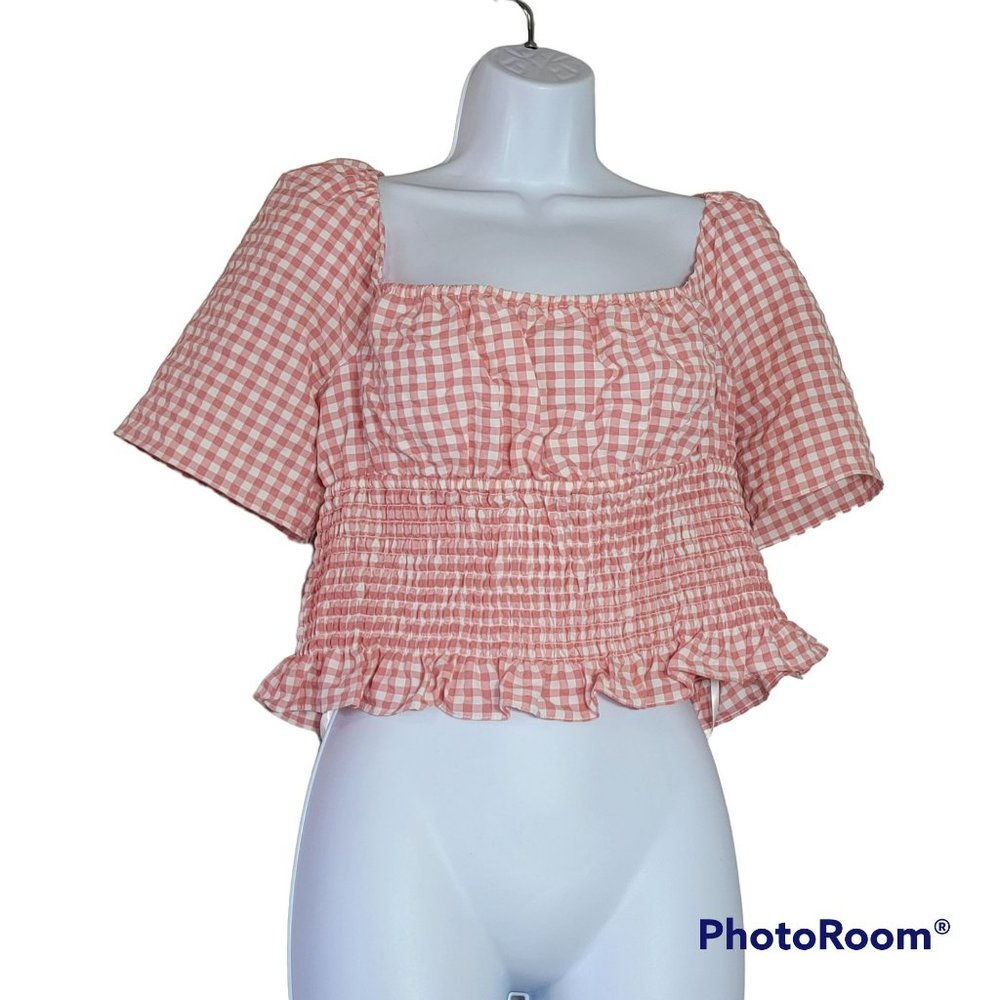 BCBGeneration Women's XL Checked Smocked Coral Top NWOT